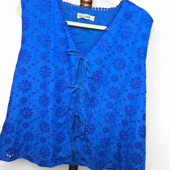 Boho ✨Royal Blue Lace Eyelet Bow Tie Vest Tank Top 2XL 💙 🎀 - Picture 2 of 8